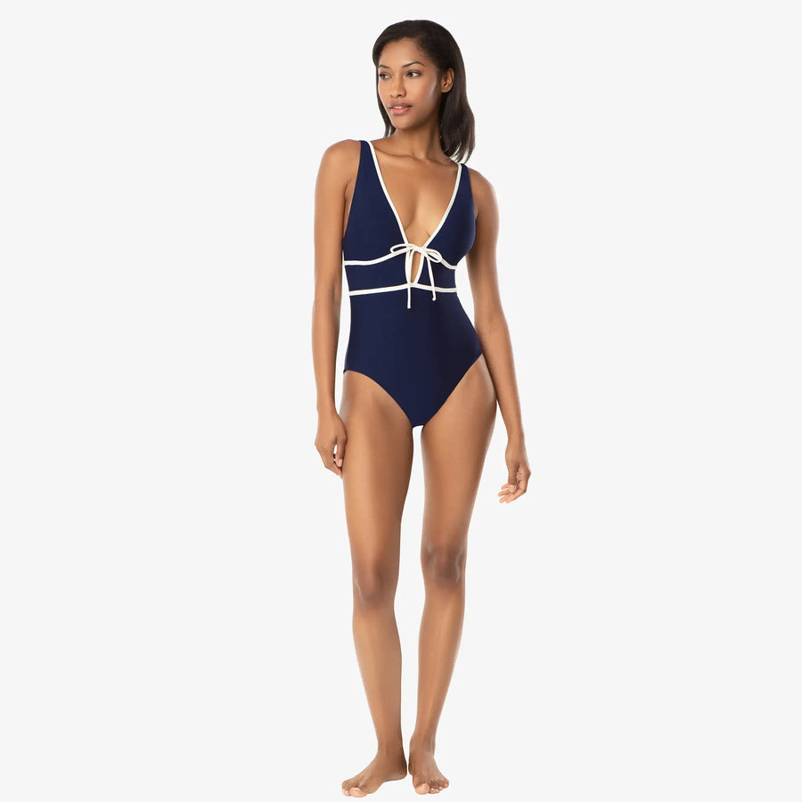 Helen Jon - Plunge Front Tie One-Piece - Navy Ivory
