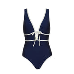 Helen Jon - Plunge Front Tie One-Piece - Navy Ivory