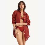 Vitamin A - Playa Linen Boyfriend Shirt -  Deep Madder