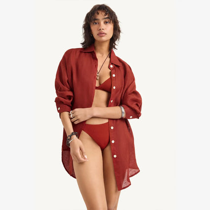 Vitamin A - Playa Linen Boyfriend Shirt -  Deep Madder