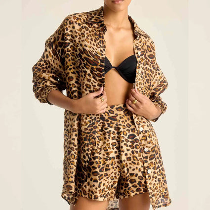 Vitamin A - Playa Linen Boyfriend Shirt - Lux Leopard